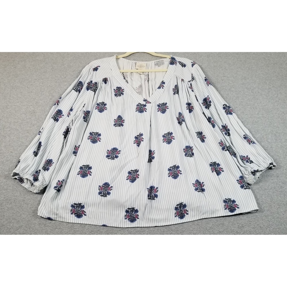 St Johns Bay Blouse Women 2X Plus Blue White Striped Floral See Through Boho Top